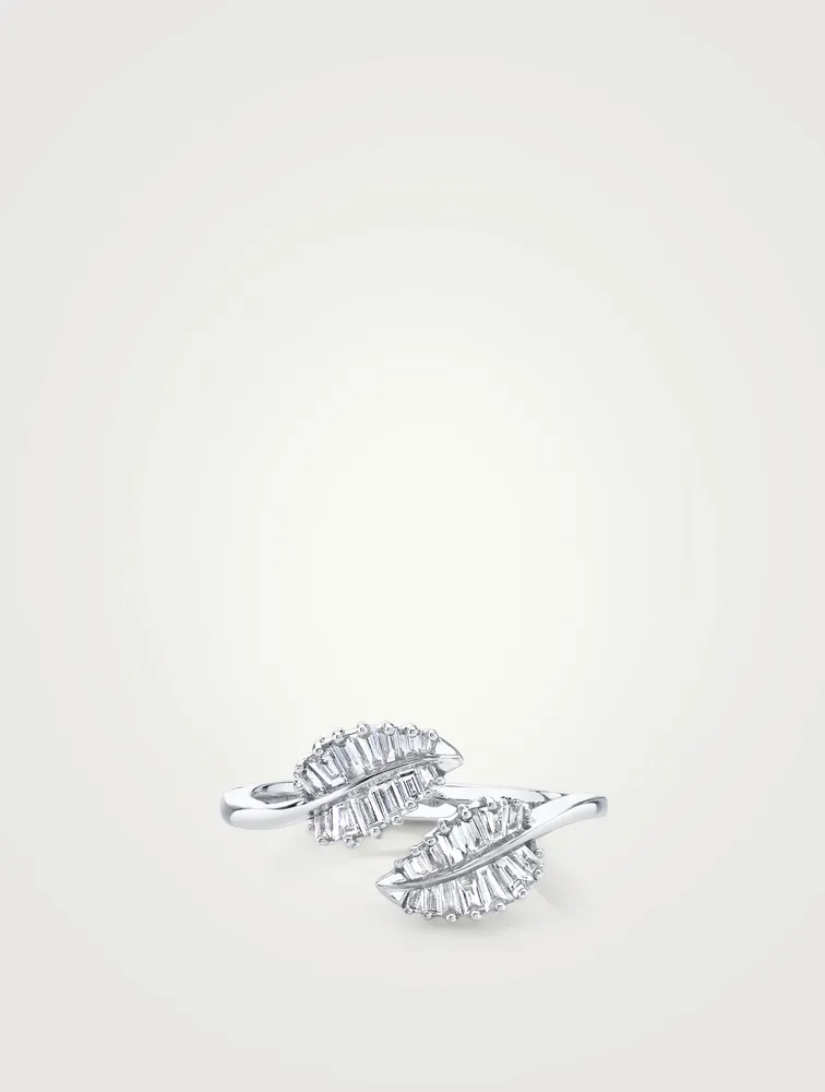 18K White Gold Small Palm Leaf Ring With Diamonds