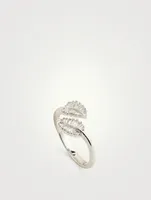 18K White Gold Small Palm Leaf Ring With Diamonds