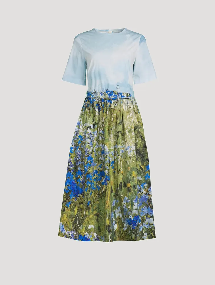 Belted Poplin Midi Dress Floral Field Print