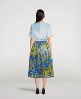 Belted Poplin Midi Dress Floral Field Print