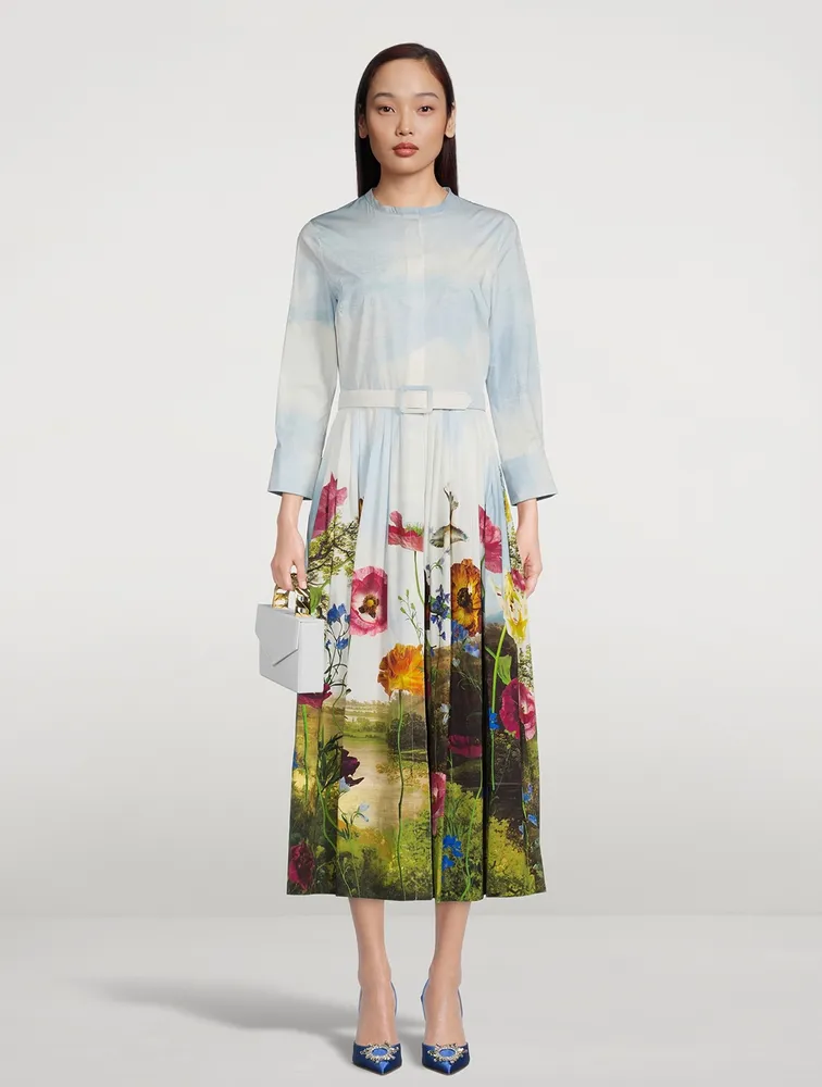 Cotton Poplin Belted Shirt Dress Sky Floral Print