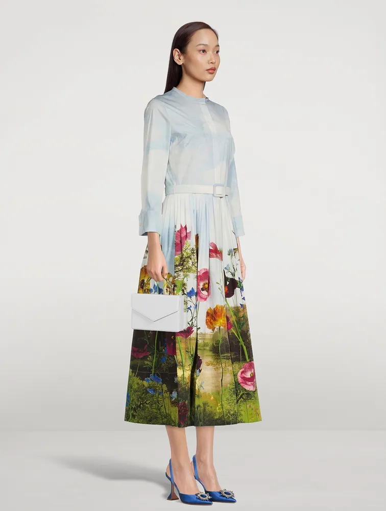 Cotton Poplin Belted Shirt Dress Sky Floral Print