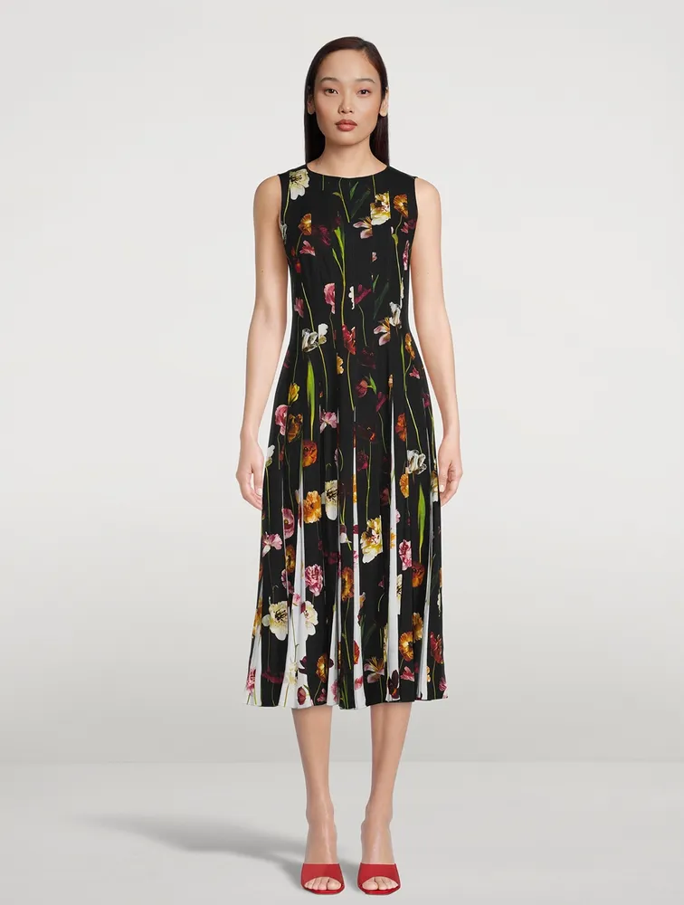 Sleeveless Inset Midi Dress Floral Sky Print