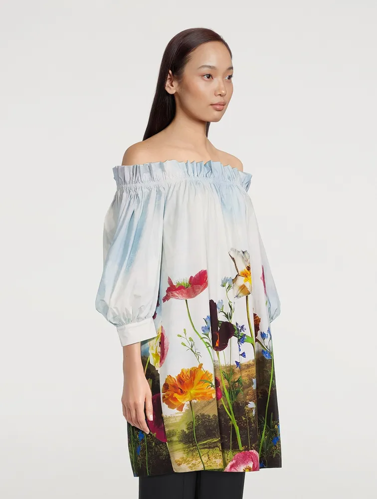 Off-The-Shoulder Blouse Floral Sky Print