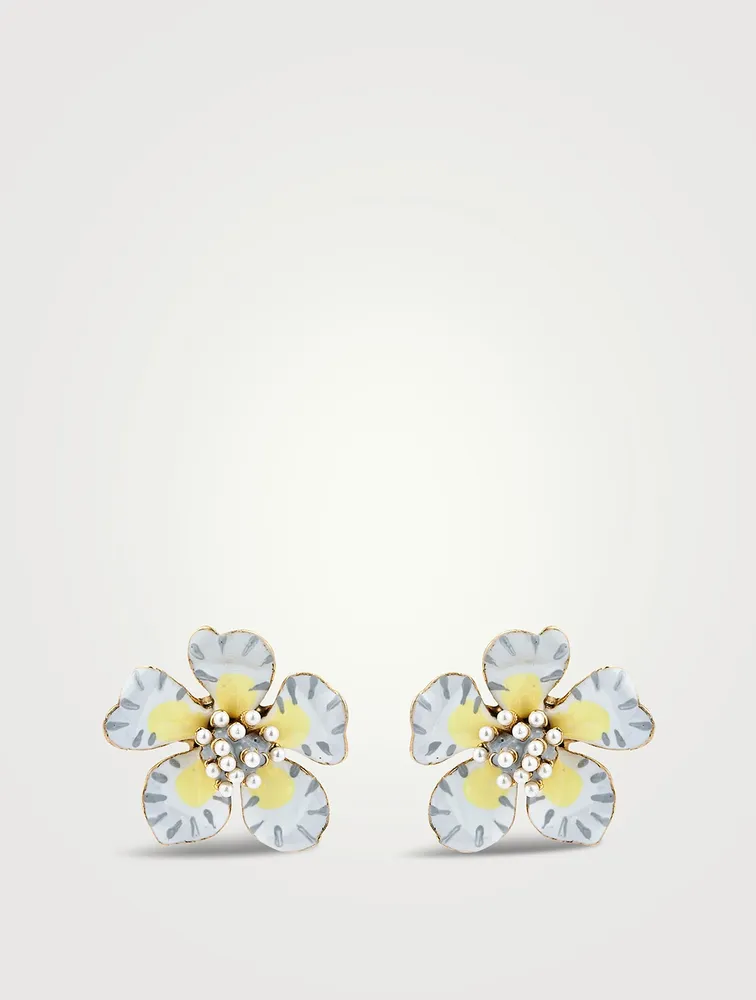 Enamel Flower Earrings With Crystal Pearls