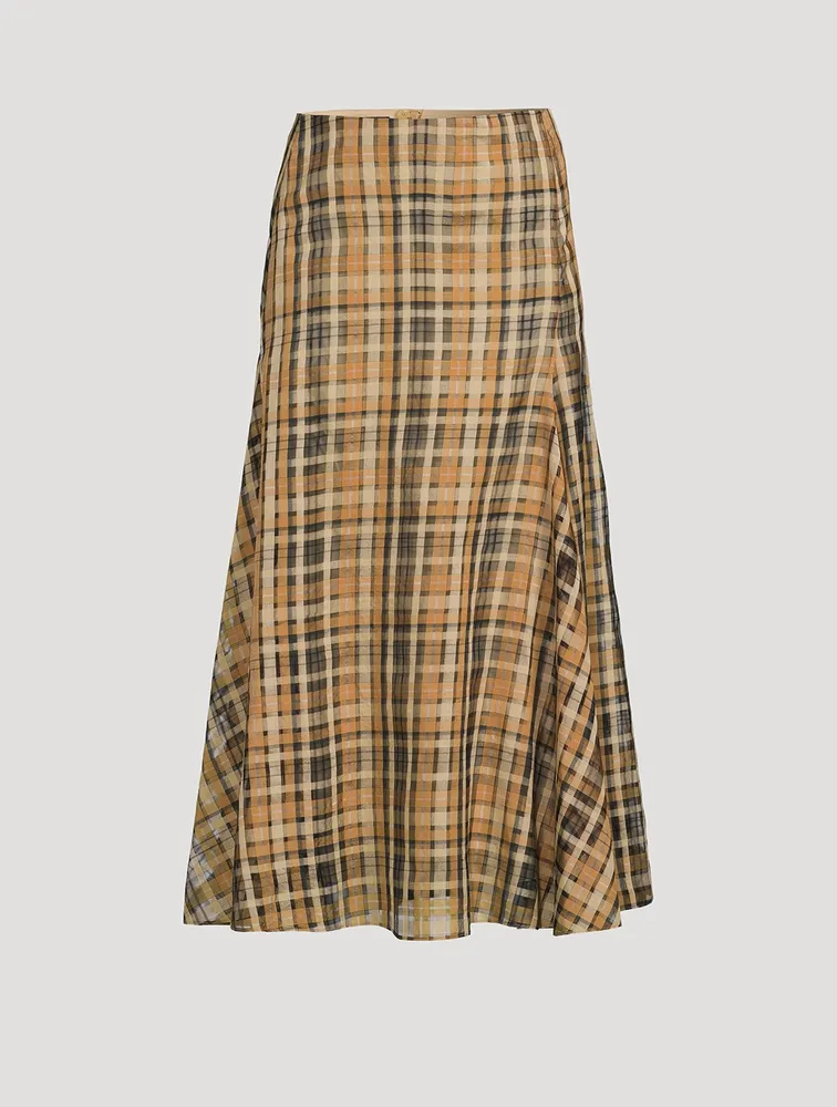 Silk Organza Midi Skirt Check Print