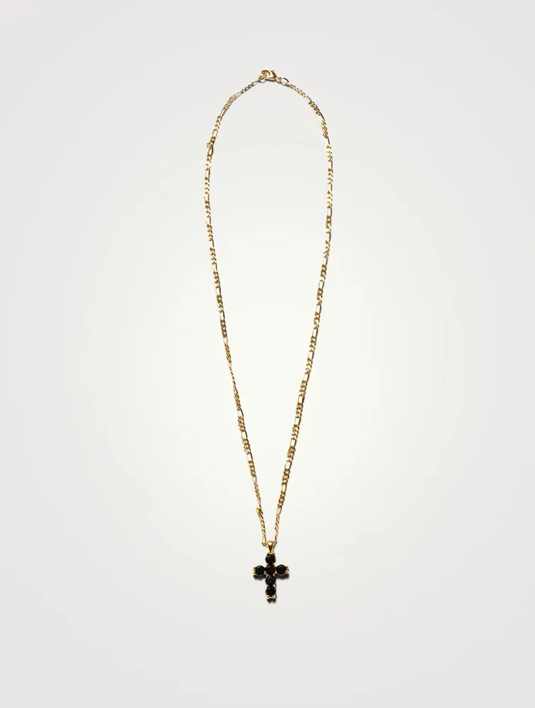 14K Gold Cross Chain Necklace With Onyx