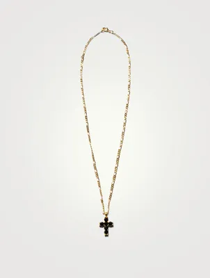 14K Gold Cross Chain Necklace With Onyx