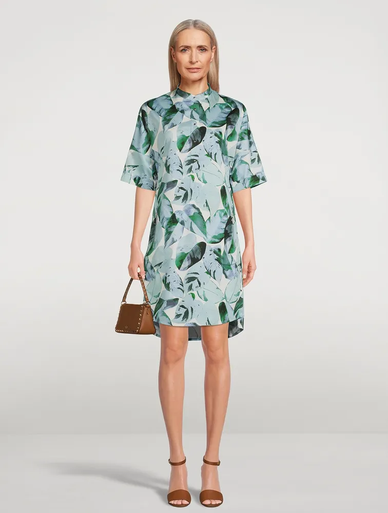 Cotton Shirt Dress Tropical Leaves Print