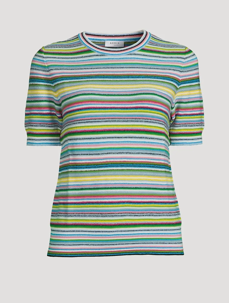 Short-Sleeve Bouclé Sweater Stripe Print