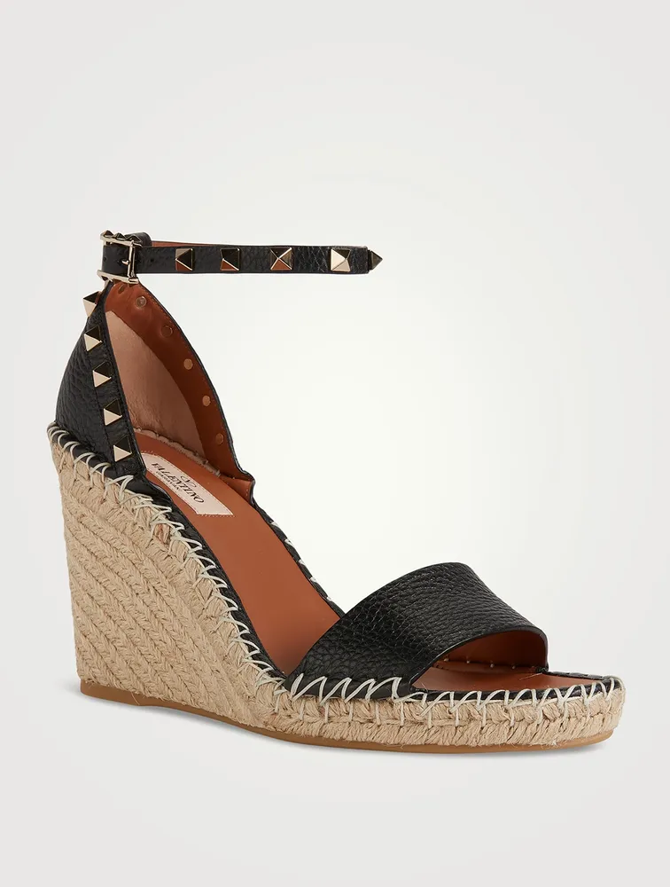 Double Rockstud Leather Espadrille Wedge Sandals