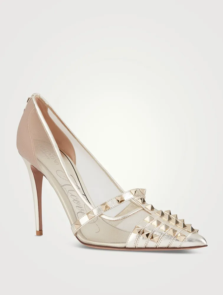 Rockstud Alcove Mesh And Metallic Leather Pumps