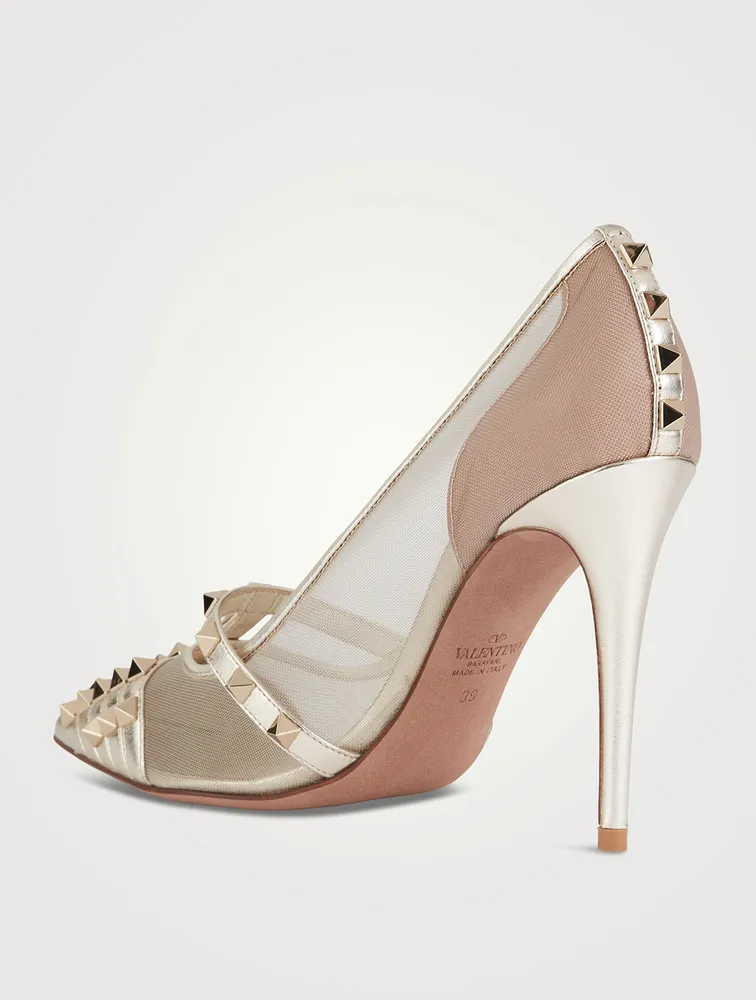 Rockstud Alcove Mesh And Metallic Leather Pumps