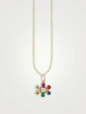 14K Gold Evil Eye Pendant Necklace With Multicolour Stones