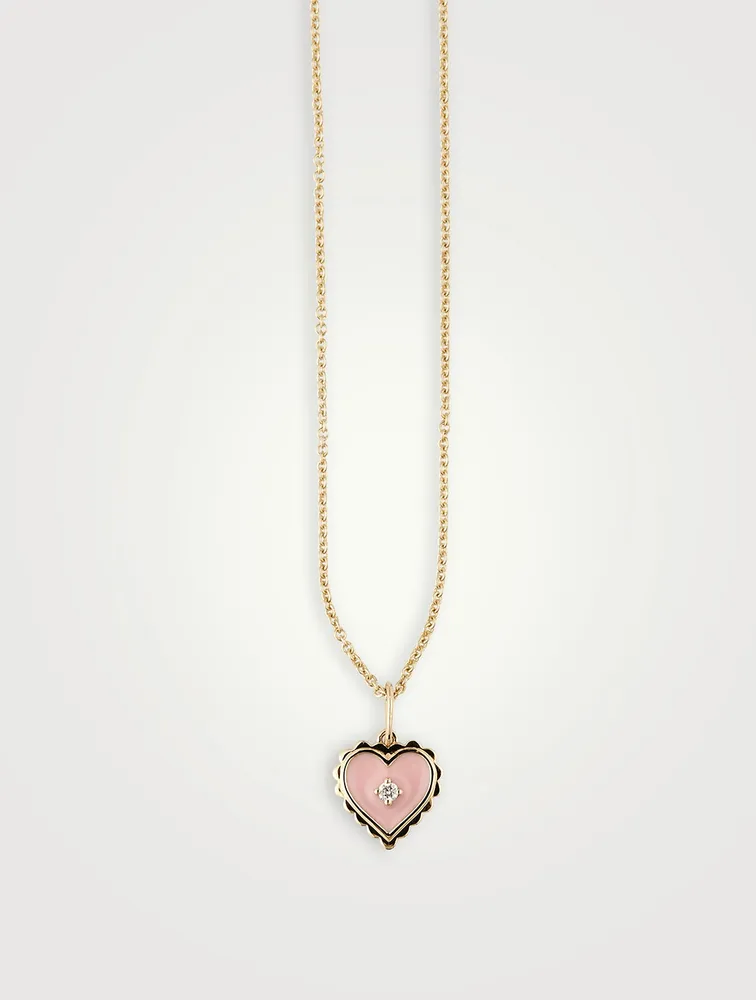 14K Gold Enamel Heart Necklace With Diamond