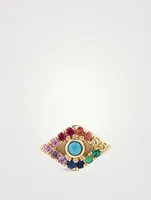 14K Gold Large Bezel Evil Eye Rainbow Stud Earring With Turquoise