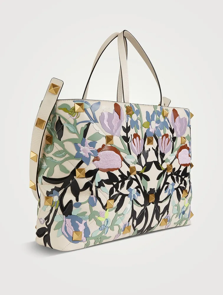 Large Roman Stud Leather Tote Bag In Floral Print