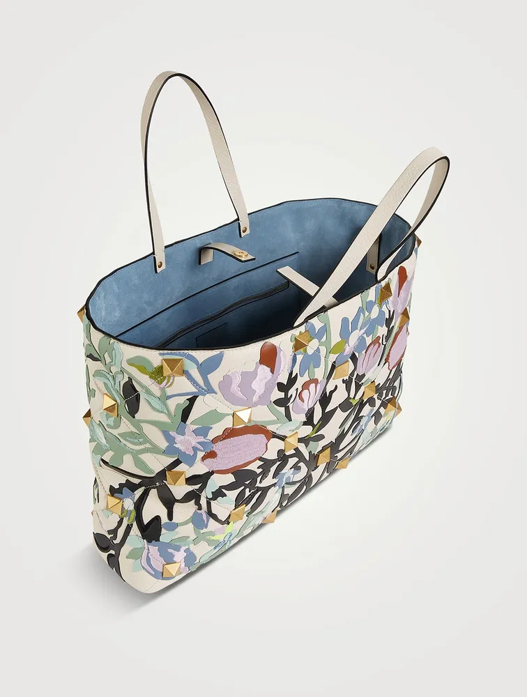 Large Roman Stud Leather Tote Bag In Floral Print