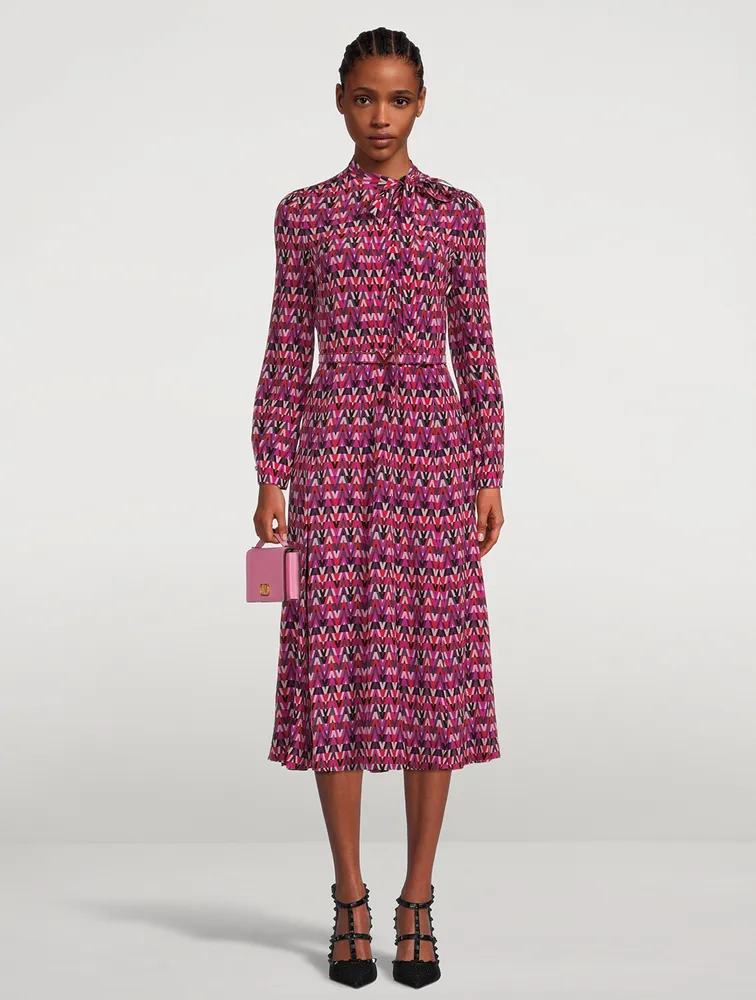 Crepe De Chine Shirt Dress With Scarf V Optical Print