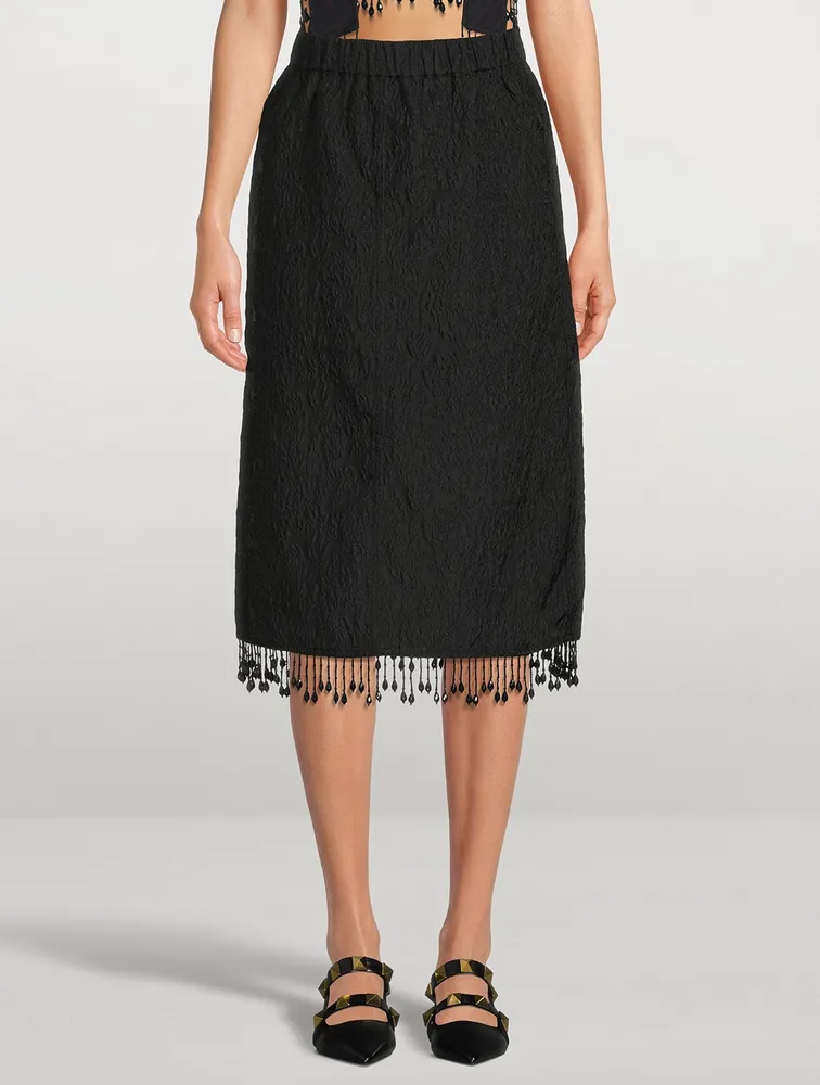 Beaded Fringe Jacquard Midi Skirt