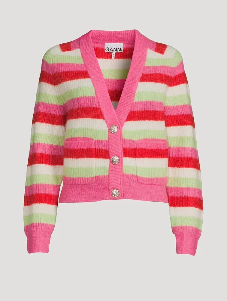 Striped Soft Knit Cardigan With Crystal Buttons
