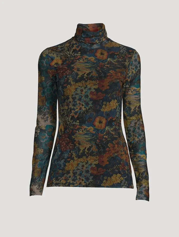 Mesh Turtleneck Top Floral Print