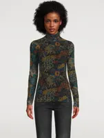 Mesh Turtleneck Top Floral Print