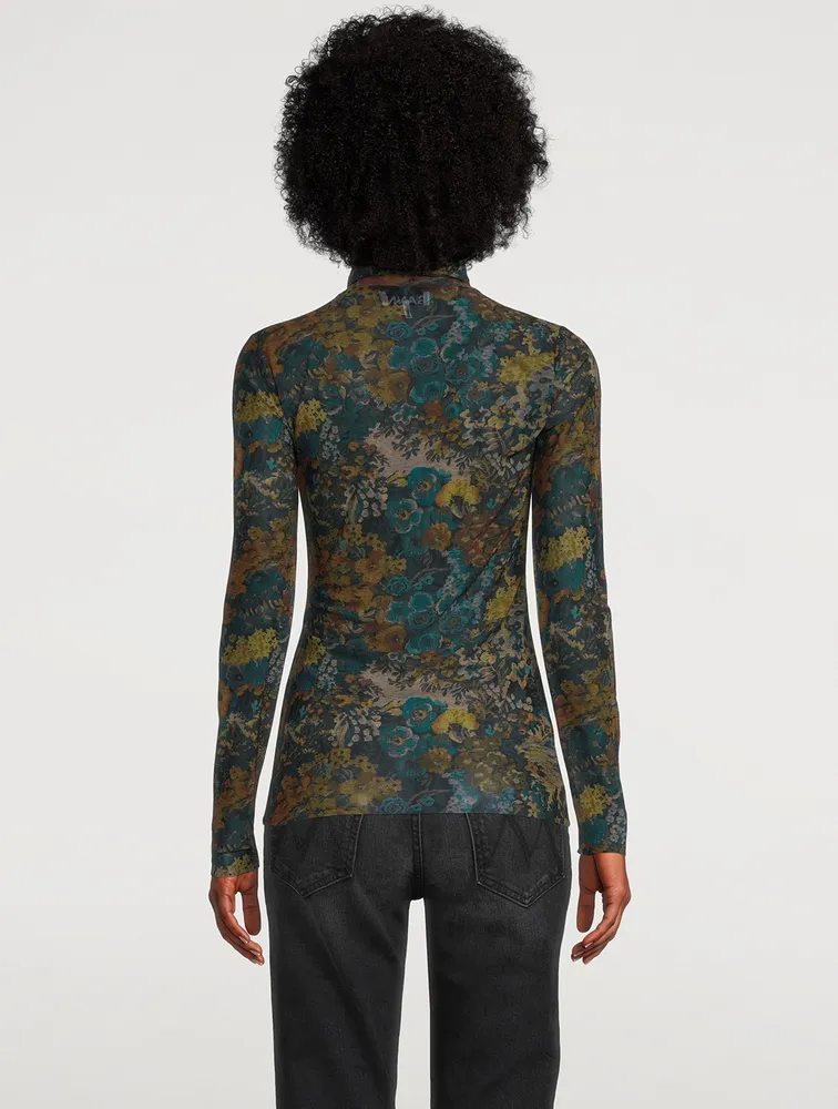 Mesh Turtleneck Top Floral Print