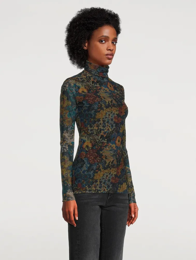 Mesh Turtleneck Top Floral Print