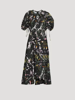 Puff-Sleeve Shirred Midi Dress Floral Print