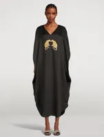 Xim Linen-Blend Maxi Kaftan With Exotic Cat Embroidery