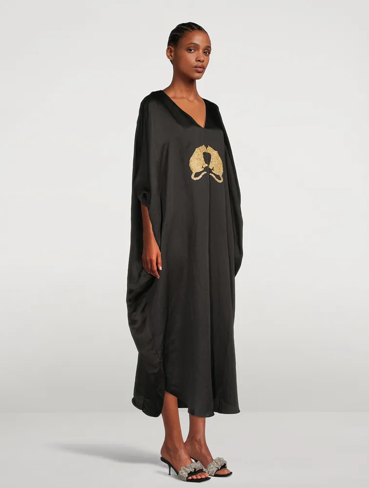 Xim Linen-Blend Maxi Kaftan With Exotic Cat Embroidery