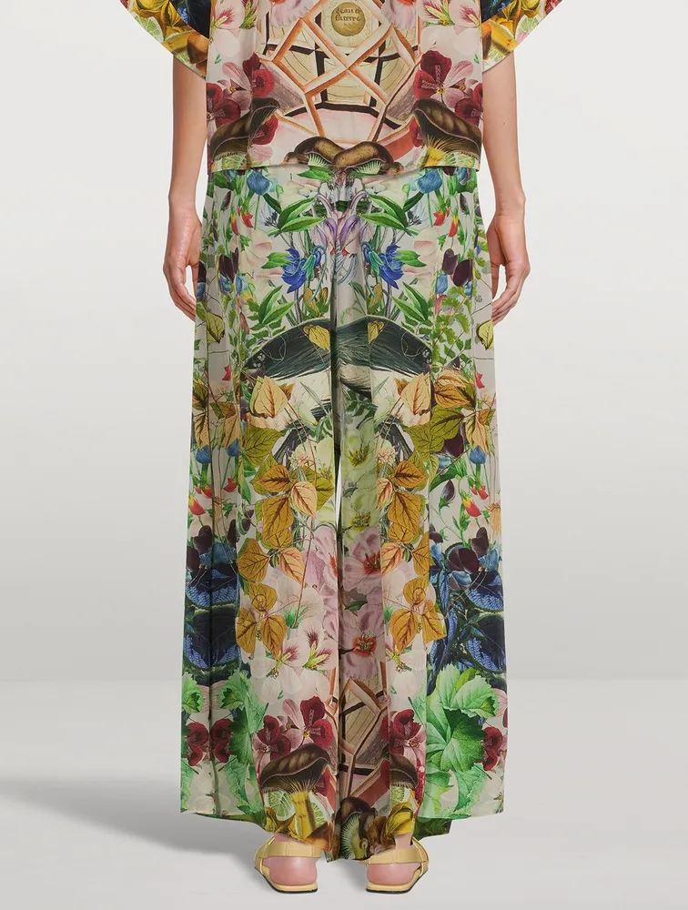 Belted High-Waisted Palazzo Pants Crowned Cranes Print