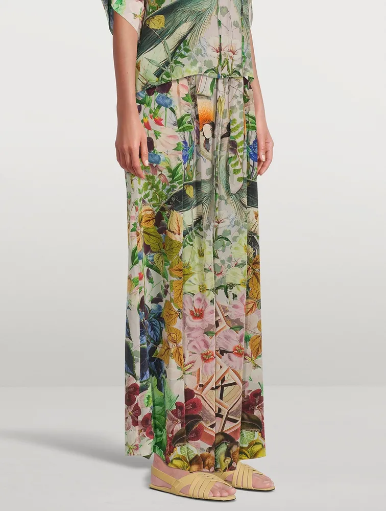 Belted High-Waisted Palazzo Pants Crowned Cranes Print