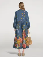 Valeria Organic Cotton Button-Up Maxi Dress Shell Print