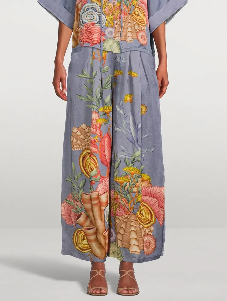 Linen-Blend Palazzo Pants Shell Print