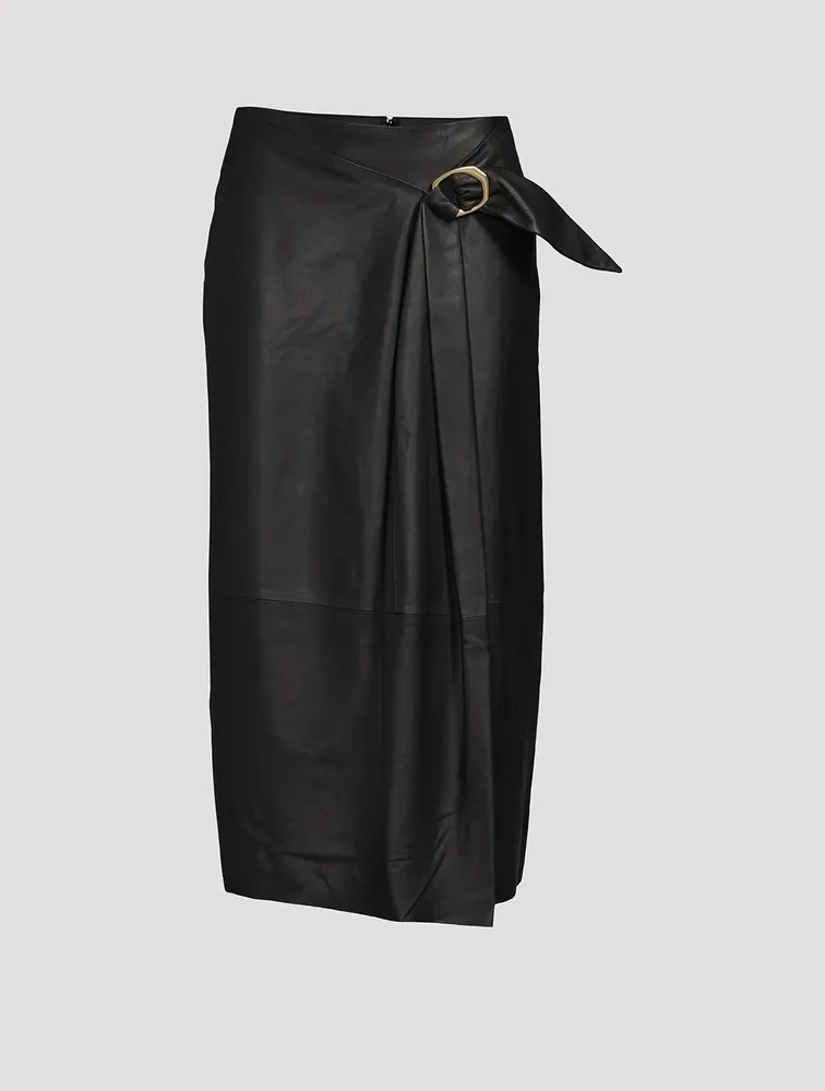 Wavy Buckle Leather Midi Skirt