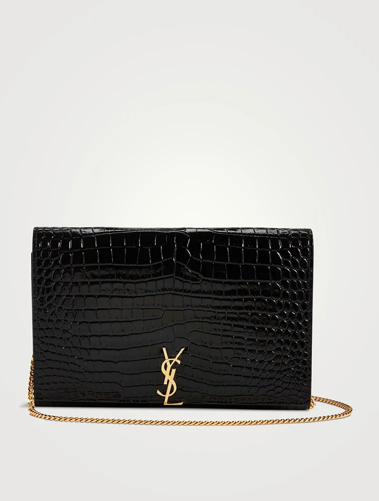 YSL Monogram Croc-Embossed Leather Chain Wallet