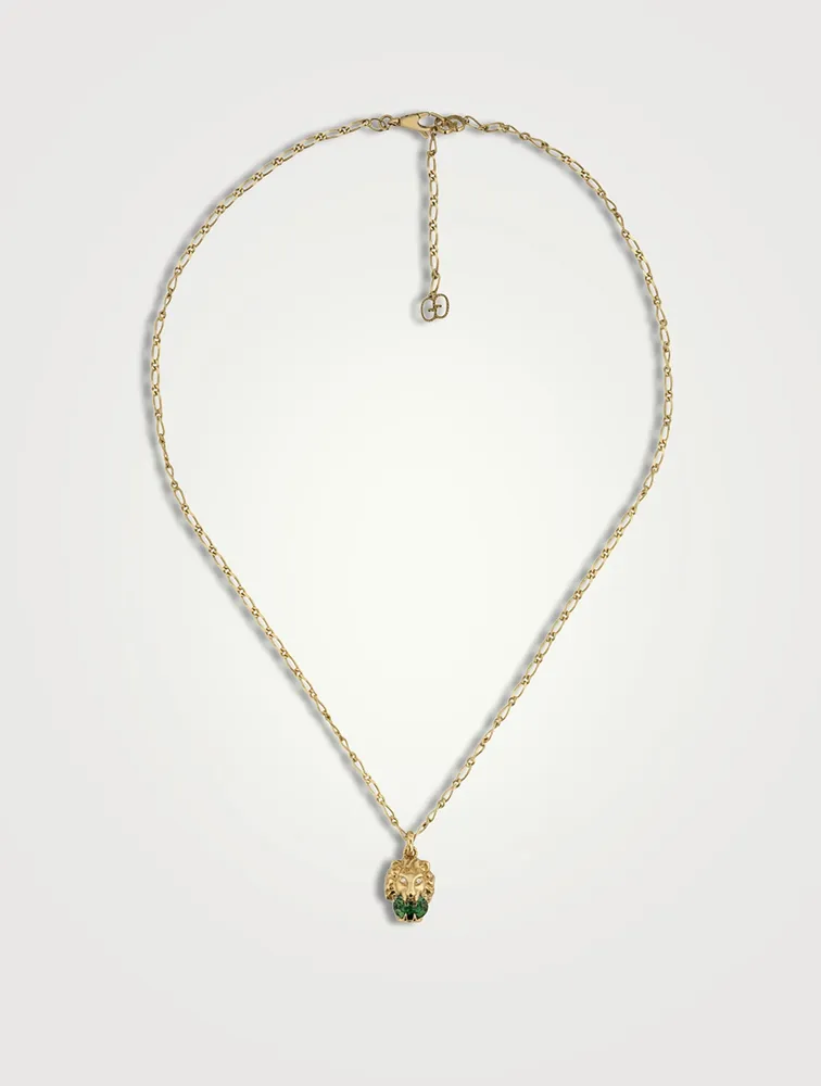 Lion Head 18K Gold Necklace With Diopside Stone And Diamonds