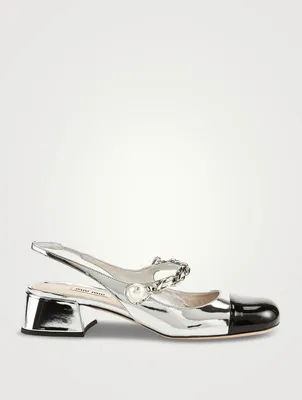 Metallic Mary Jane Slingback Pumps With Chain Strap