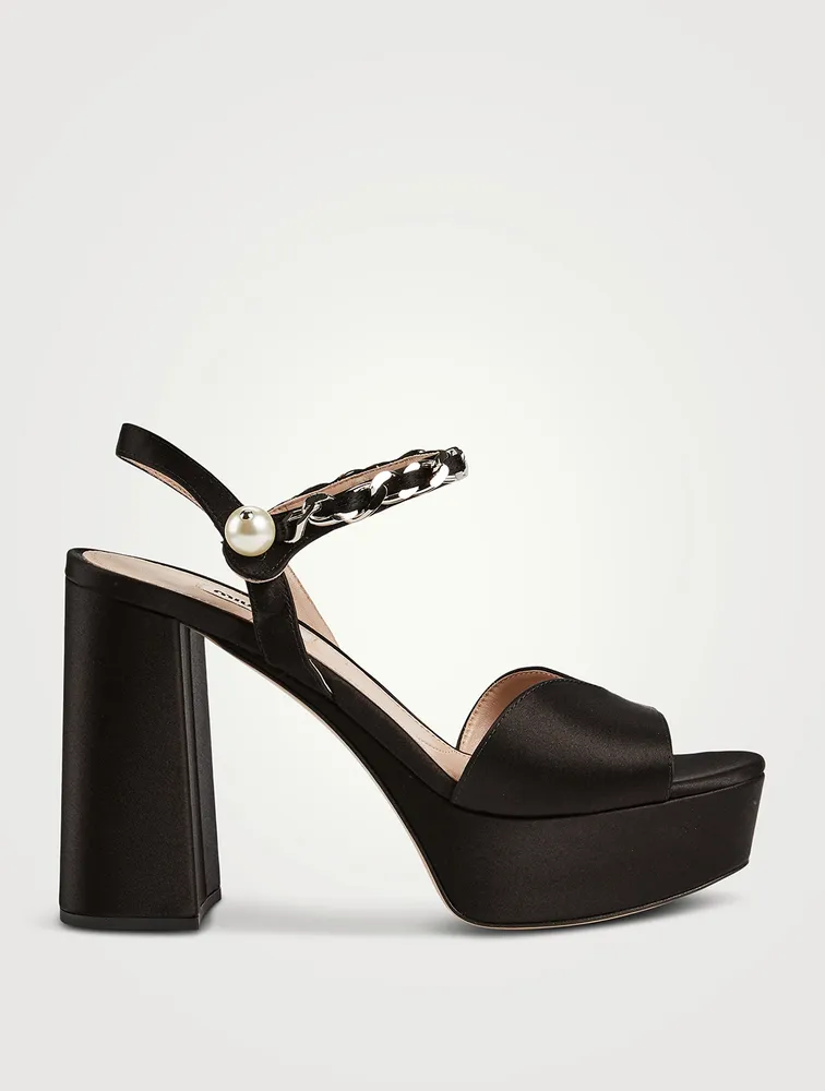 Satin Platform Sandals With Pearl Strap