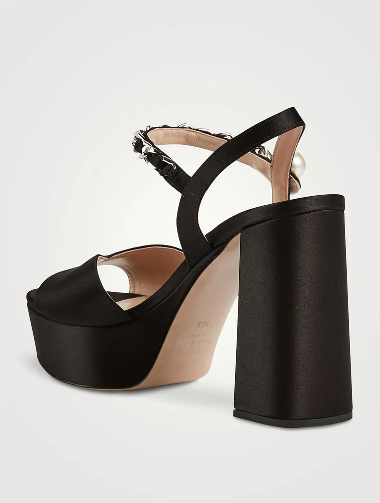 Satin Platform Sandals With Pearl Strap