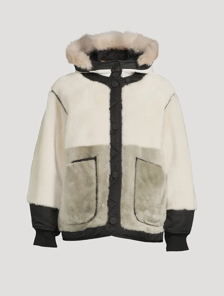 Reversible Colourblock Shearling Bomber Jacket With Hood