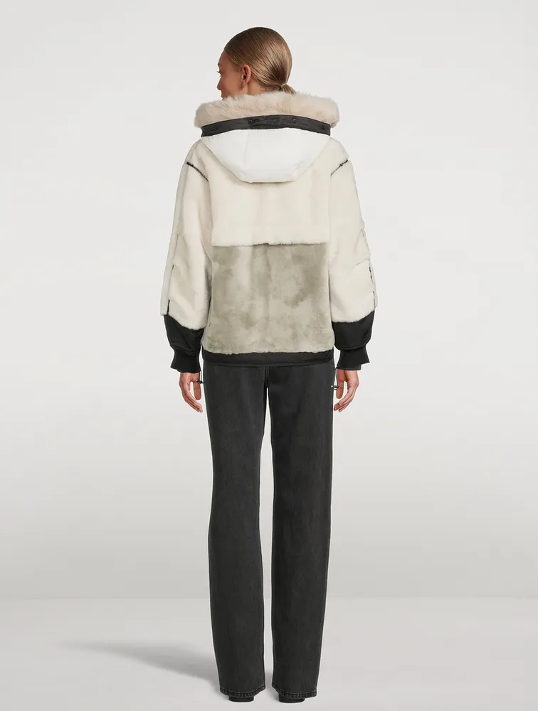 Reversible Colourblock Shearling Bomber Jacket With Hood
