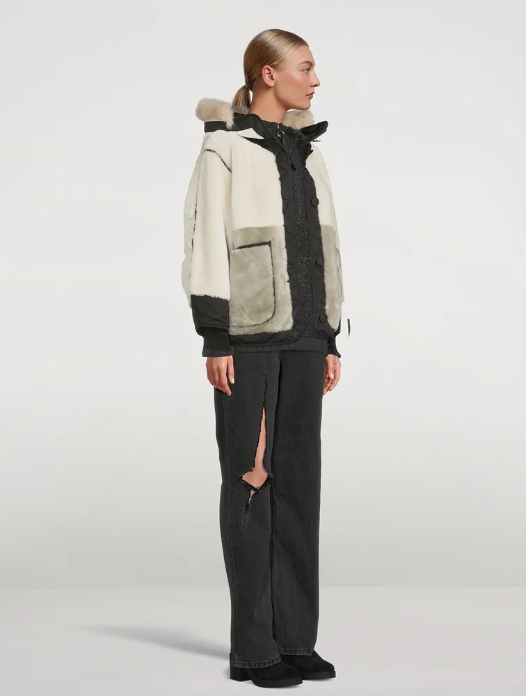 Reversible Colourblock Shearling Bomber Jacket With Hood