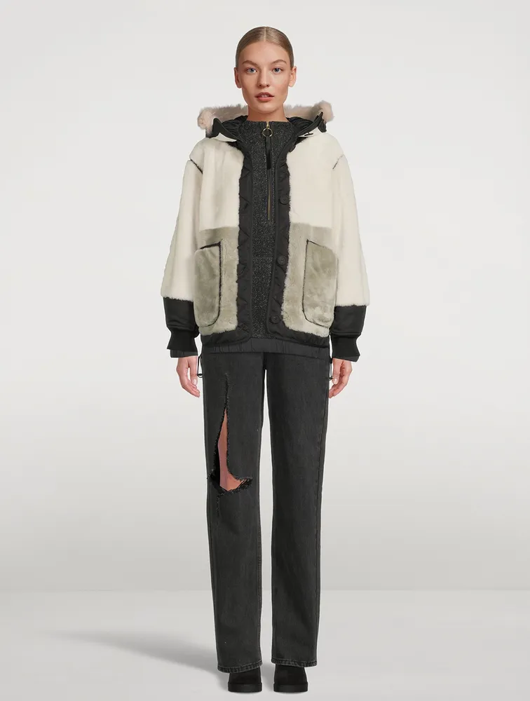 Reversible Colourblock Shearling Bomber Jacket With Hood