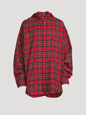 Cotton Hooded Shirt Plaid Print