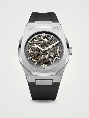 Skeleton Stainless Steel Rubber Strap Watch