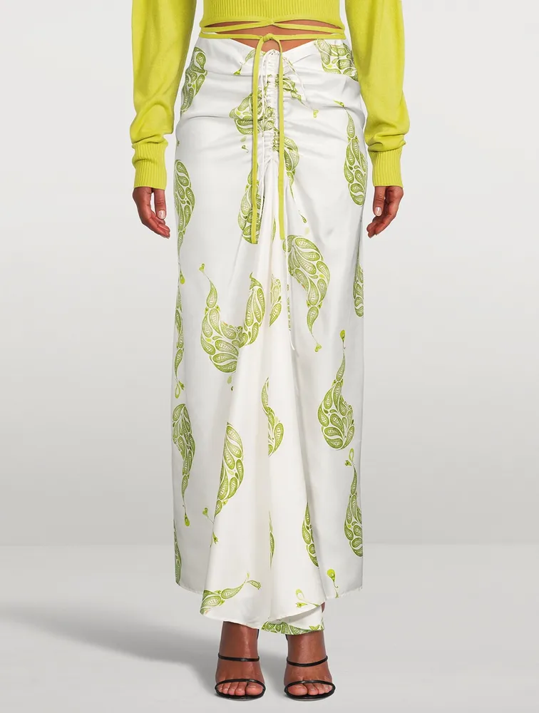 Silk Ruched Drape Long Skirt