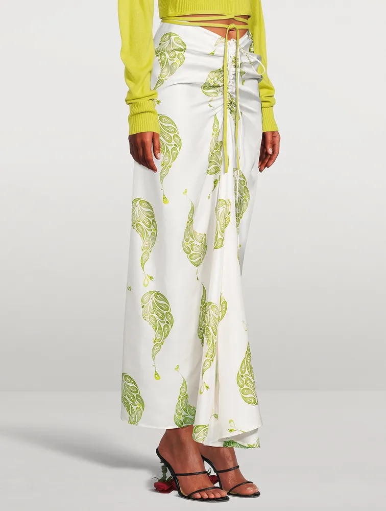 Silk Ruched Drape Long Skirt